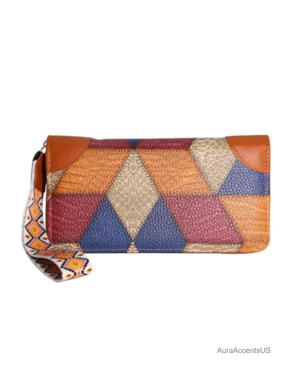 Geometric Patchwork Zip Around Wristlet Wallet Card Holder Wrist Strap